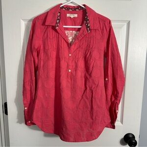 Isabella Sinclair top, size XS, pink with floral trim, circles, cotton, fall